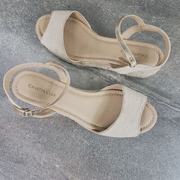 Charter Club Sandals 10.5 M Beige Canvas Platform Espadrilles Wedge Luchia - Picture 2 of 13